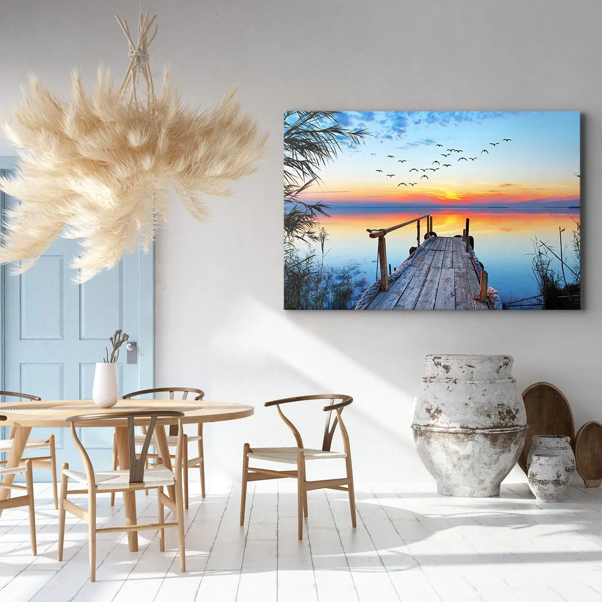 Lærredstryk - Billede på lærred - Træbro over søen ved solnedgang - 70x50cm - Tid til at tage tilbage... - Moderne vægdekoration til stue og soveværelse ARTTOR