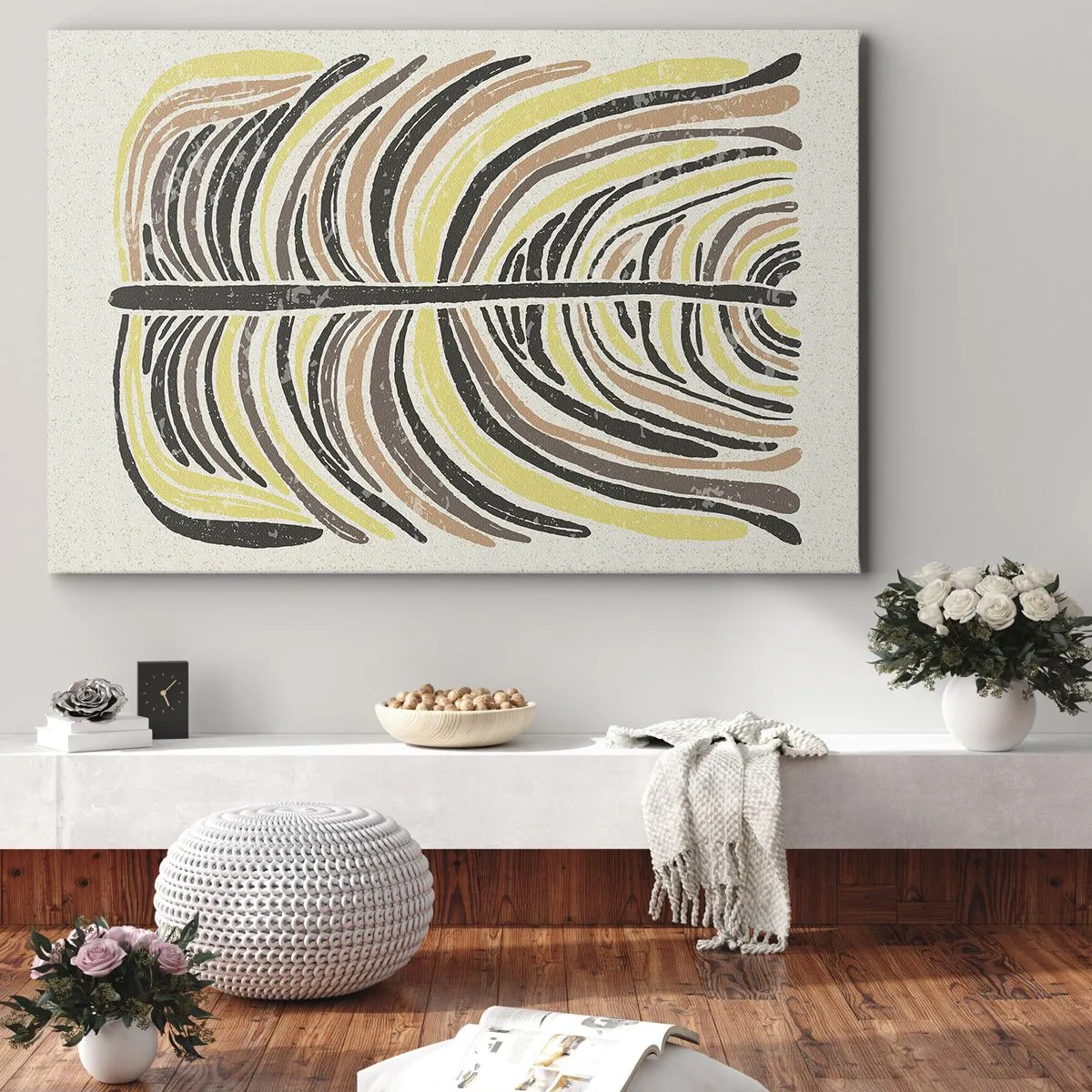 Lærredstryk - Billede på lærred - Abstrakt bladmotiv i jordfarver - 70x50cm - Levende abstraktion - Moderne vægdekoration til stue og soveværelse ARTTOR