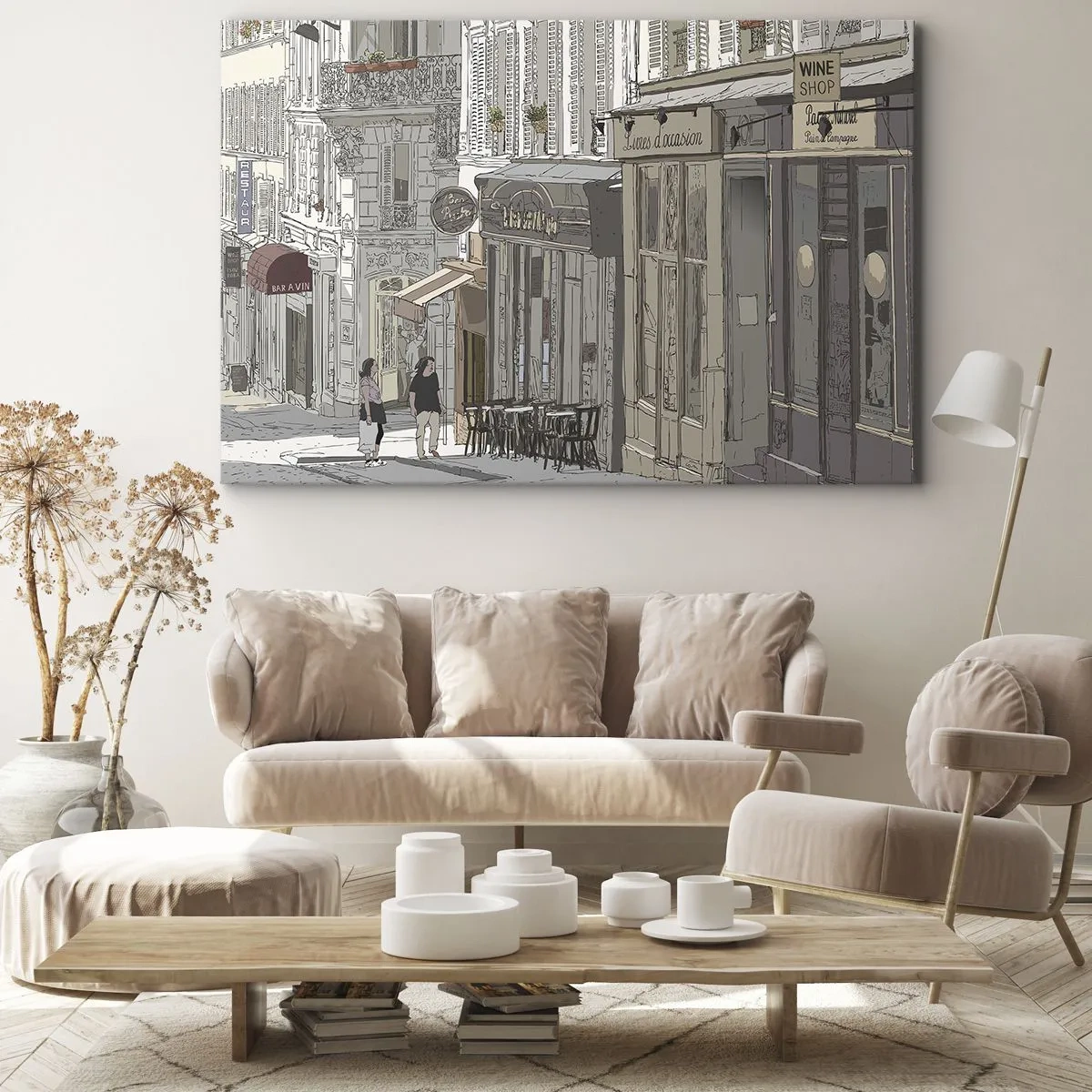Lærredstryk - Billede på lærred - Illustration af en bygade med caféer og butikker - 70x50cm - Byens glæder - Moderne vægdekoration til stue og soveværelse ARTTOR