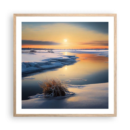 Plakat i ramme af lyst egetræ - Vintersolnedgang - 60x60 cm