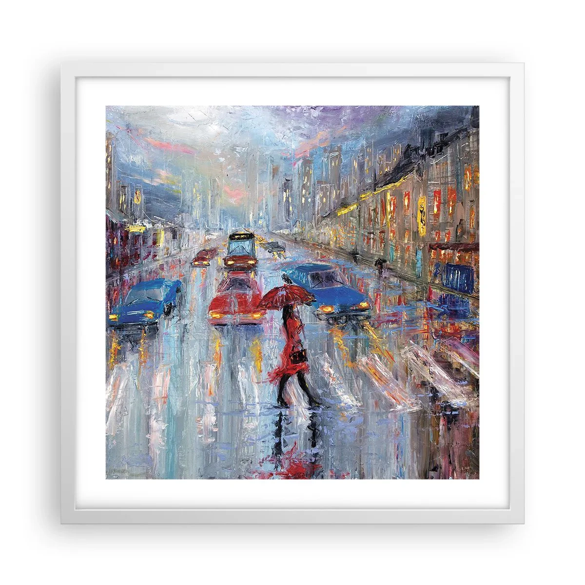 Plakat i hvid ramme - Regnfuld eftermiddag i byen - 50x50 cm