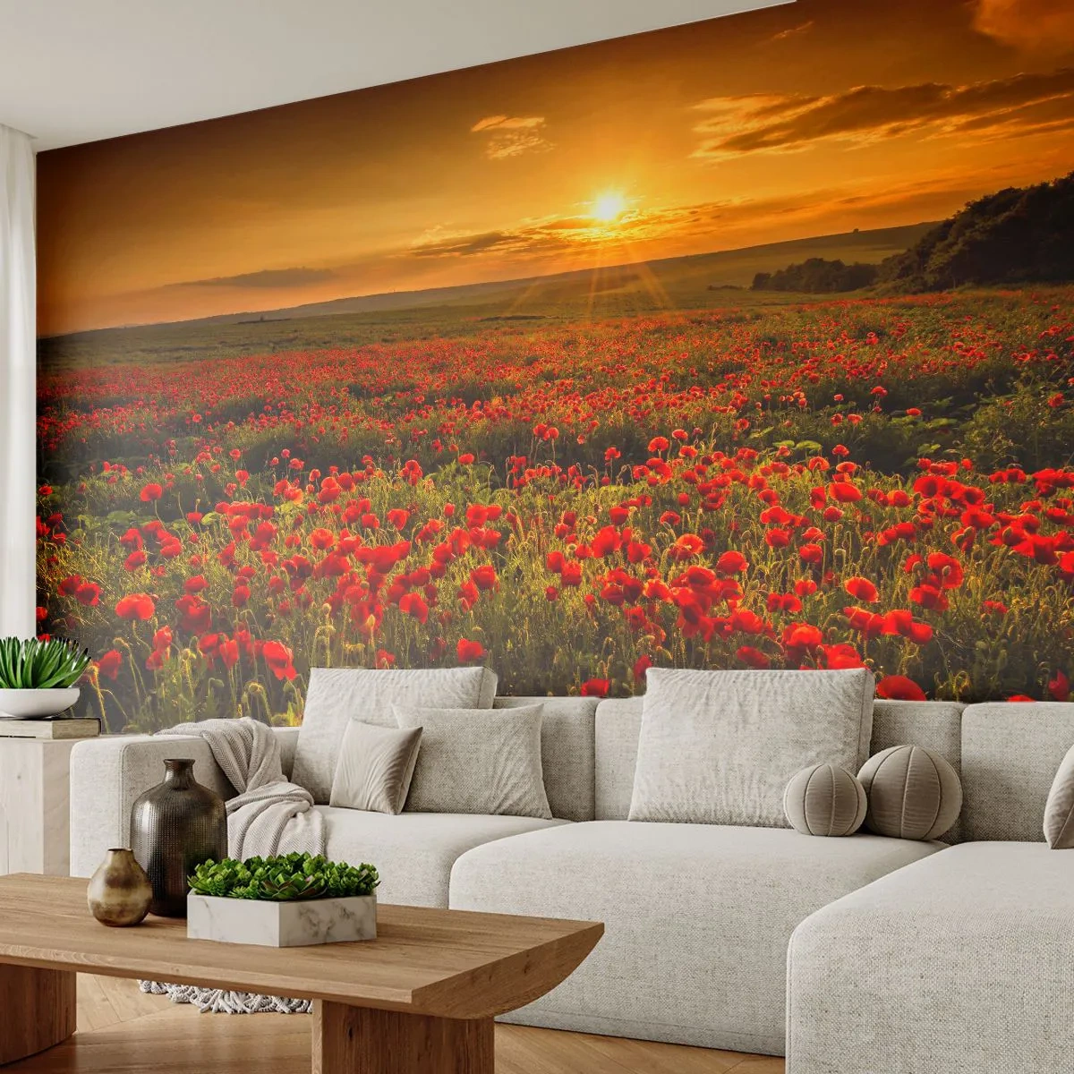 Fototapet Premium Sand - Blandt bølgerne af raslende enge, blandt flodblomster - Landskab, Blomster, Valmuer - 100x70 cm