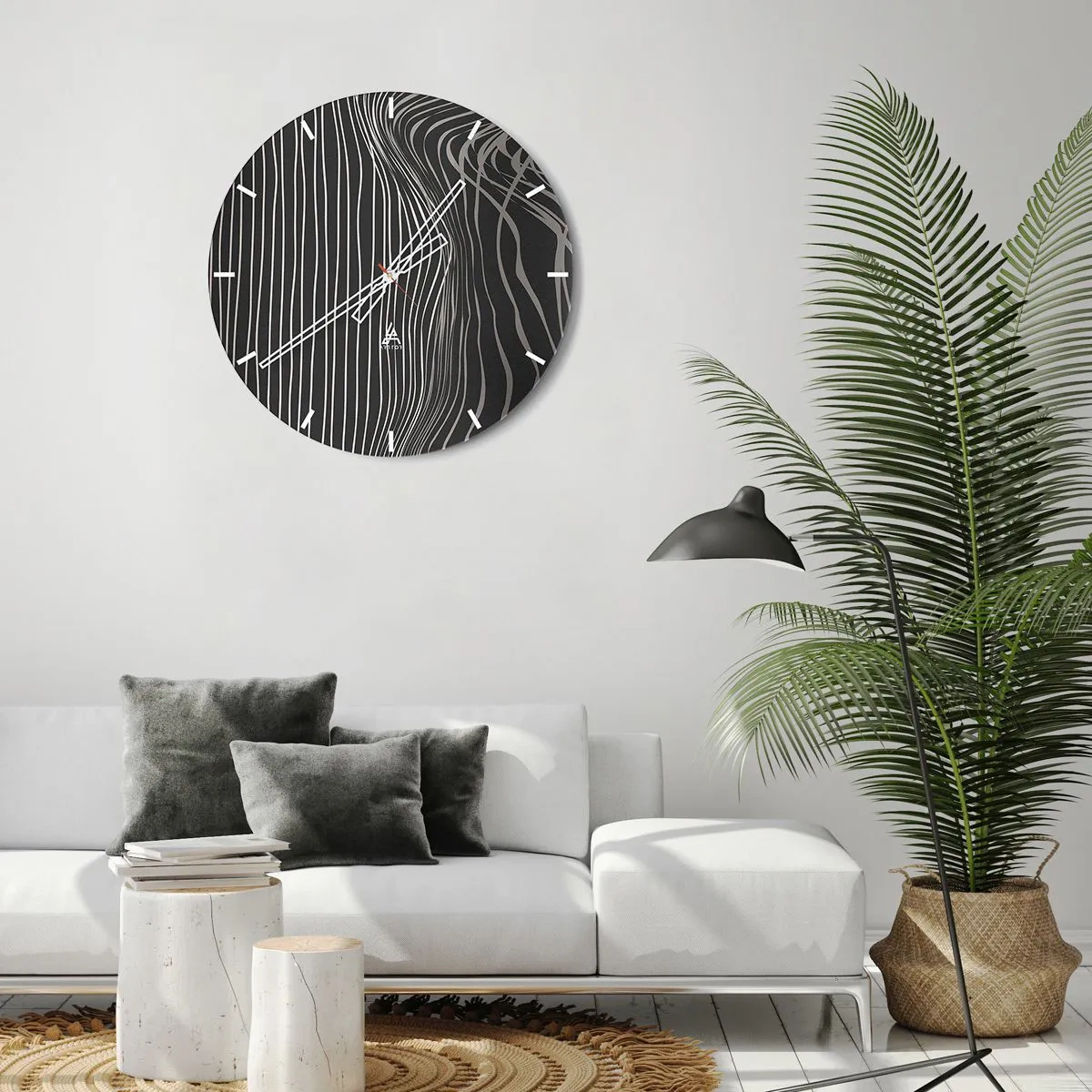 Vægur, Uret - Abstrakte linjer på en mørk baggrund - 30x30cm - Rytme og accent - Moderne vægdekoration til stue, køkken og soveværelse ARTTOR