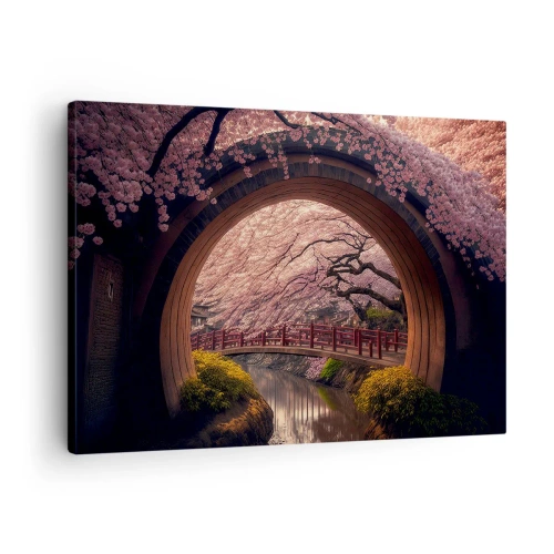 Lærredstryk - Billede på lærred - En traditionel japansk bro omgivet af kirsebærblomster - 70x50cm - Japansk forår - Moderne vægdekoration til stue og soveværelse ARTTOR