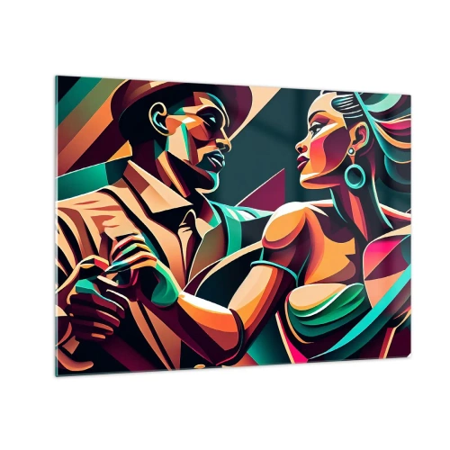 Billede på glas - Et farverigt par, der danser i art deco-stil med dynamisk udtryk. - 70x50cm - I hjertets rytme - Moderne vægdekoration til stue og soveværelse ARTTOR