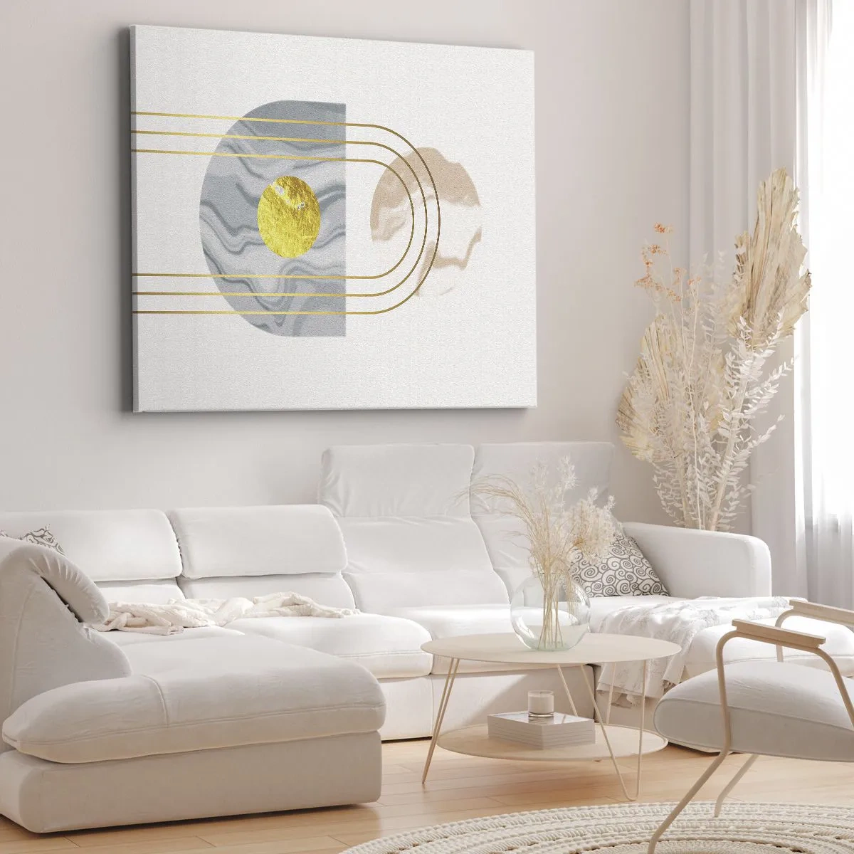 Lærredstryk - Billede på lærred - Abstrakt komposition med cirkler og gyldne linjer på en lys baggrund. - 70x50cm - Lysstyrke og udstråling - Moderne vægdekoration til stue og soveværelse ARTTOR