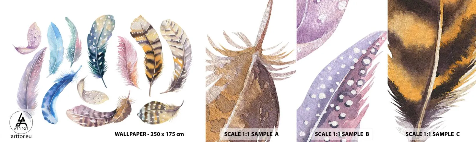 Prøve Fototapet Selvklæbende Deluxe Sticker - Letvægts, farverig og flerfarvet - Fuglefjer, Fugle, Grafik - 100x30 cm