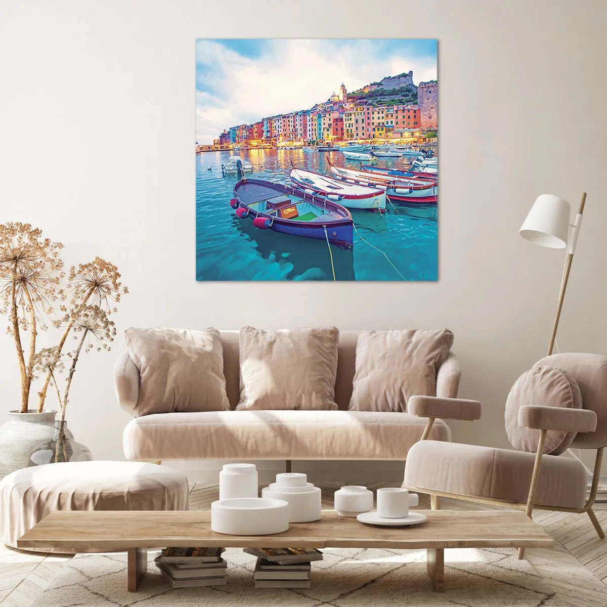 Lærredstryk - Billede på lærred - En farverig aften i havnen - 40x40 cm
