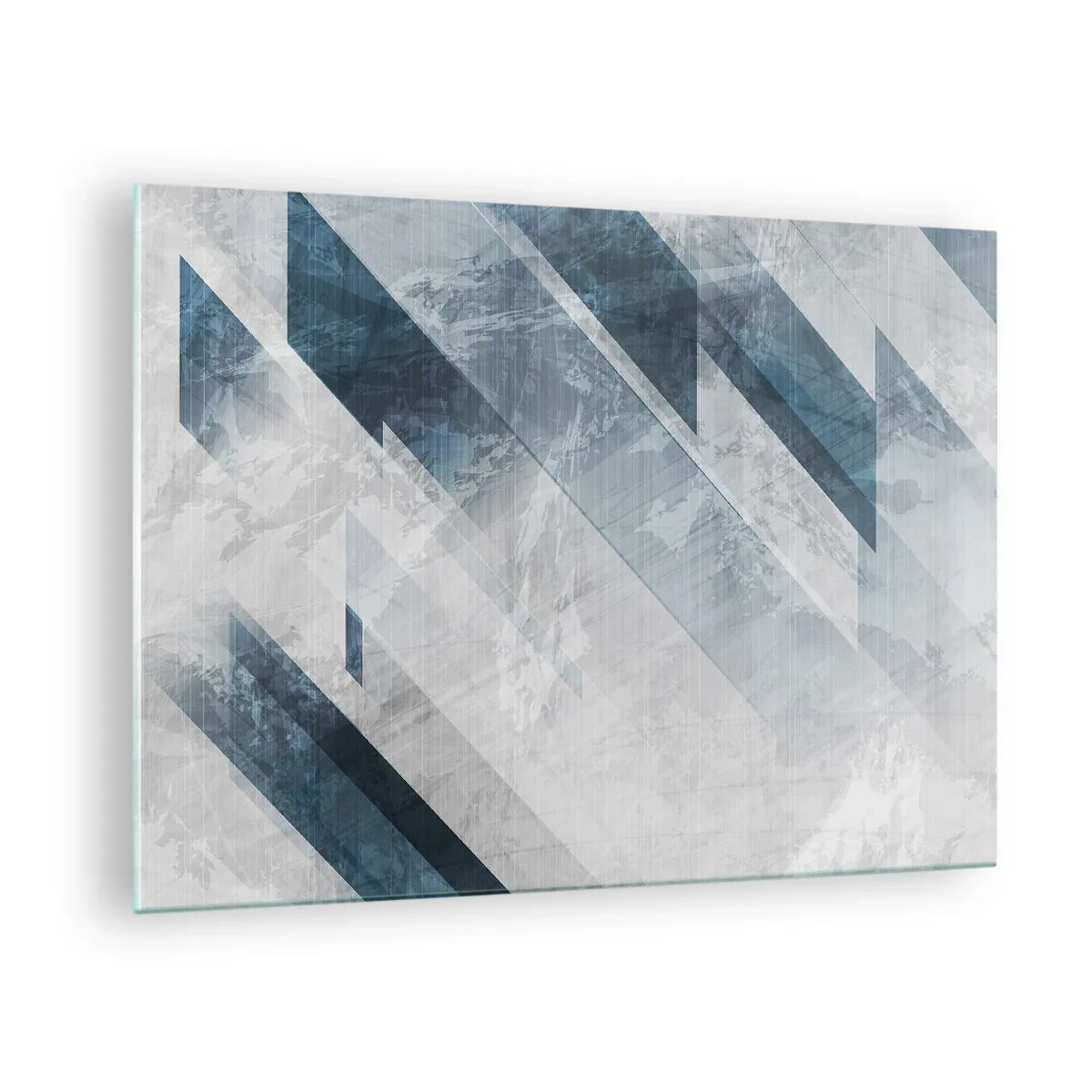 Billede på glas - Geometriske striber i nuancer af grå og marineblå - 70x50cm - Rumlig komposition - bevægelse af gråtoner - Moderne vægdekoration til stue og soveværelse ARTTOR