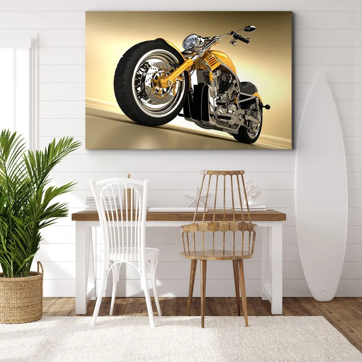 Lærredstryk - Billede på lærred - En gul chopper-stil motorcykel mod en beige væg - 70x50cm - En drøm om styrke og hurtighed - Moderne vægdekoration til stue og soveværelse ARTTOR
