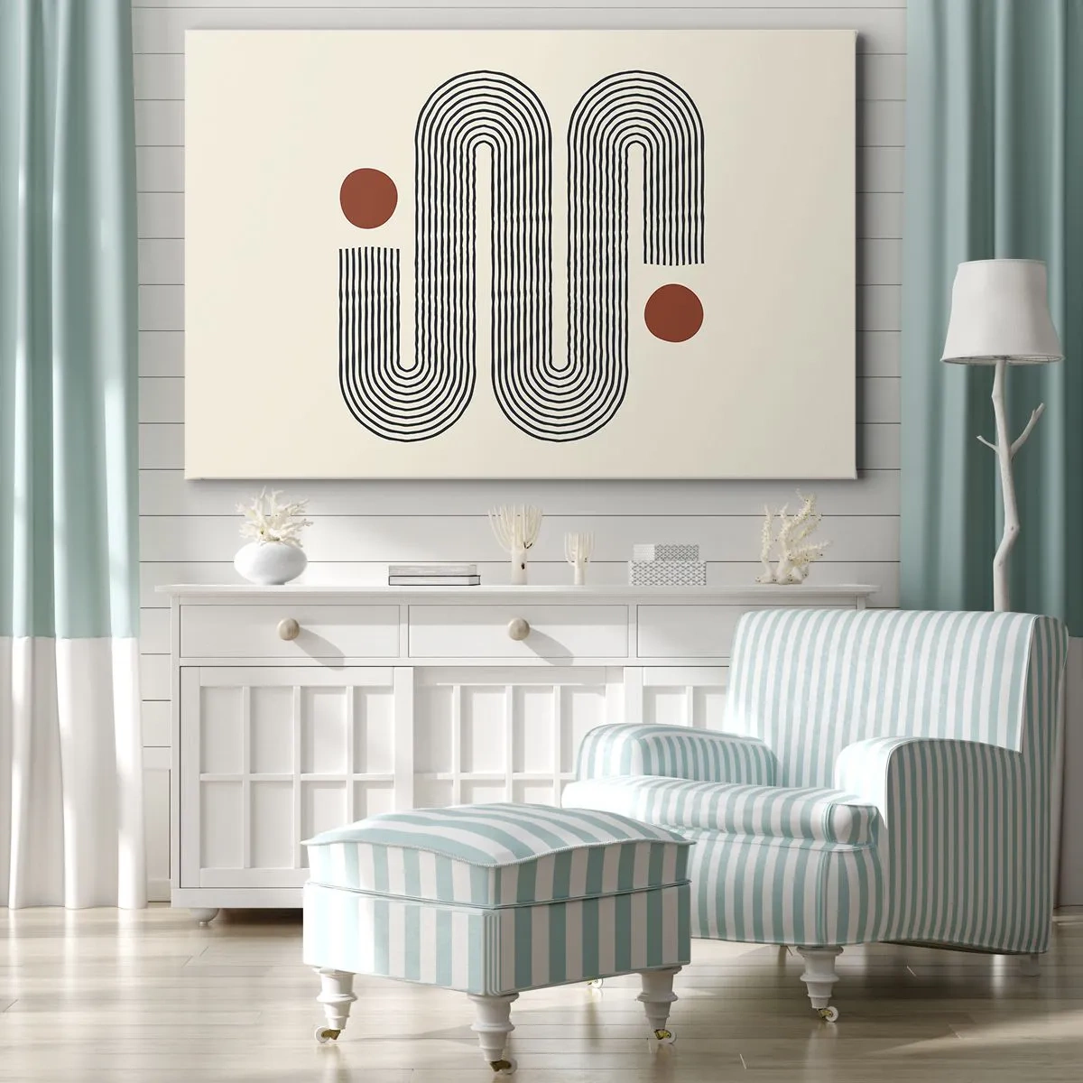 Lærredstryk - Billede på lærred - Geometrisk mønster med linjer og orange cirkler - 70x50cm - Fra start til slut - Moderne vægdekoration til stue og soveværelse ARTTOR