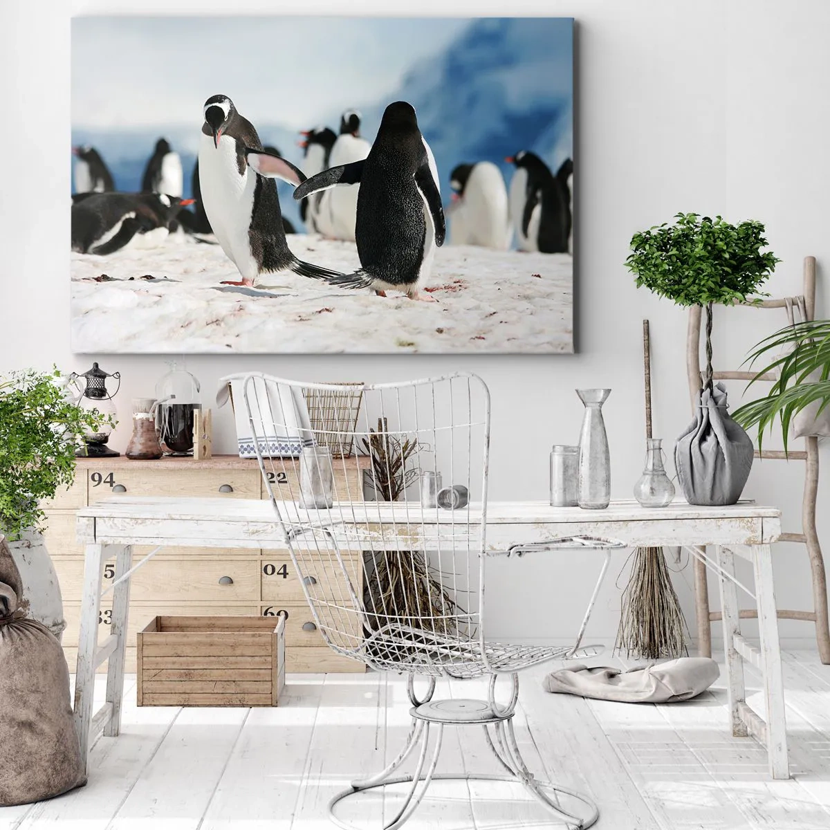 Lærredstryk - Billede på lærred - En gruppe pingviner i sneen i et antarktisk landskab - 70x50cm - Danser i sneen - Moderne vægdekoration til stue og soveværelse ARTTOR