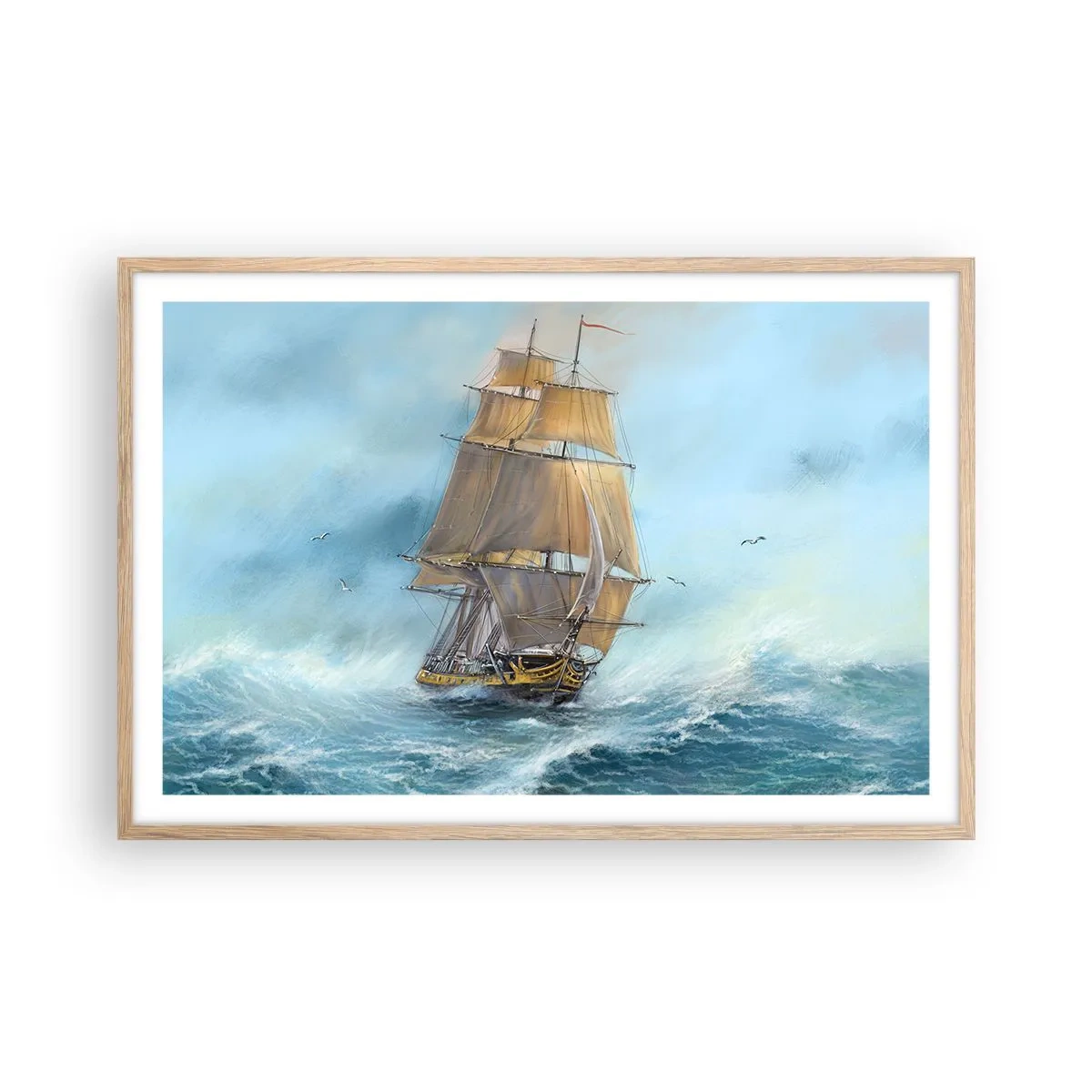 Plakat i ramme af lyst egetræ - Bølgende gennem bølgerne - 91x61 cm
