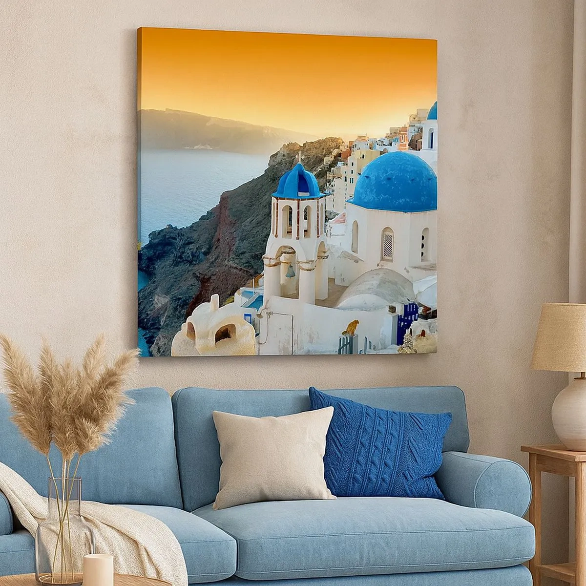 Lærredstryk - Billede på lærred - Santorini - omfavnet af klipperne - 30x30 cm
