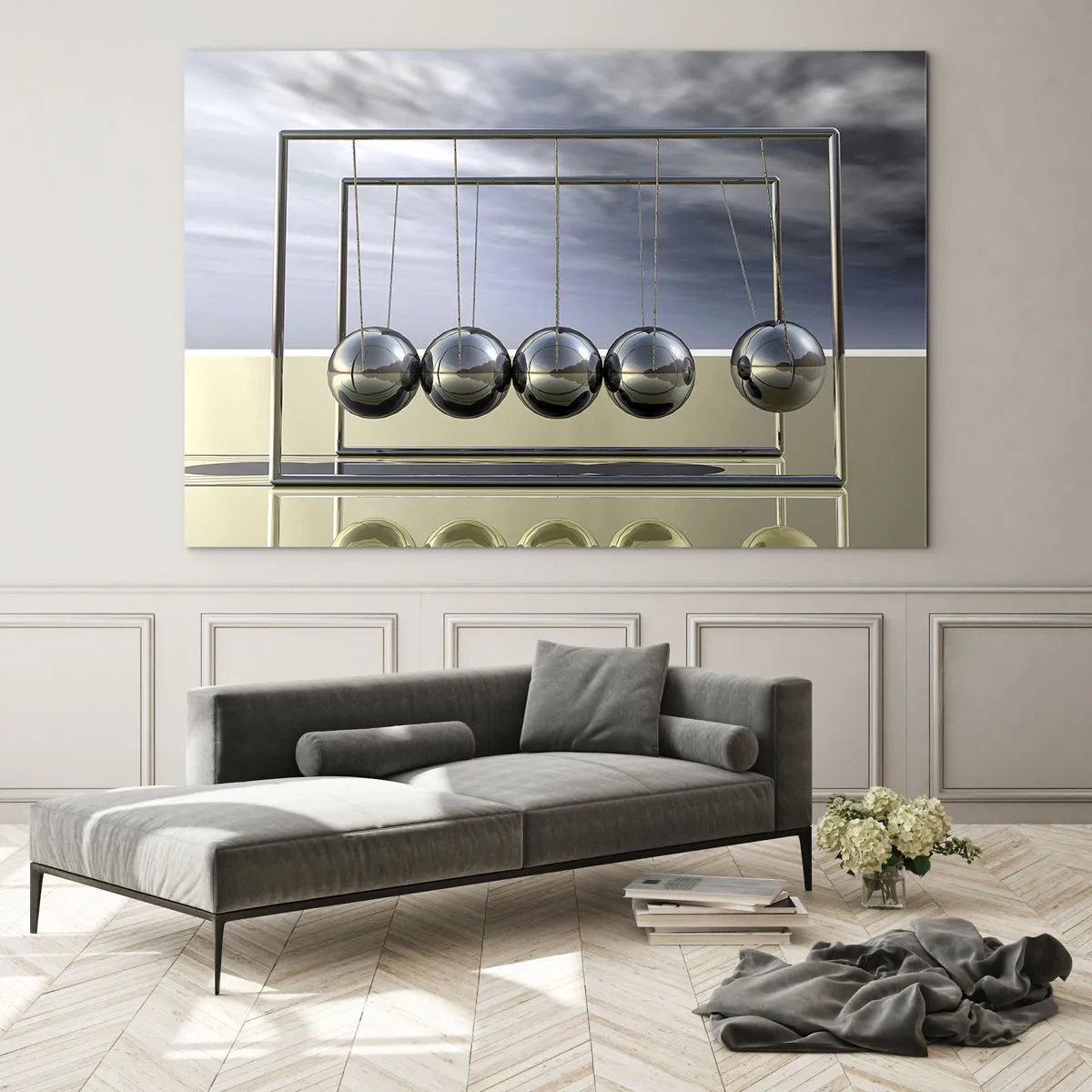 Billede på glas - Newtons kugler i en minimalistisk tilgang - 70x50cm - Verdens energi - Moderne vægdekoration til stue og soveværelse ARTTOR