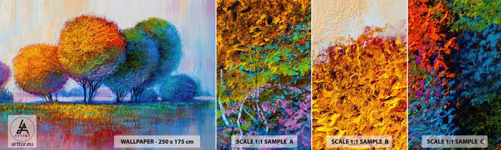 Prøve Fototapet Selvklæbende Deluxe Sticker - En klump af piskende farver - Abstraktion, Landskab, Træer - 100x30 cm