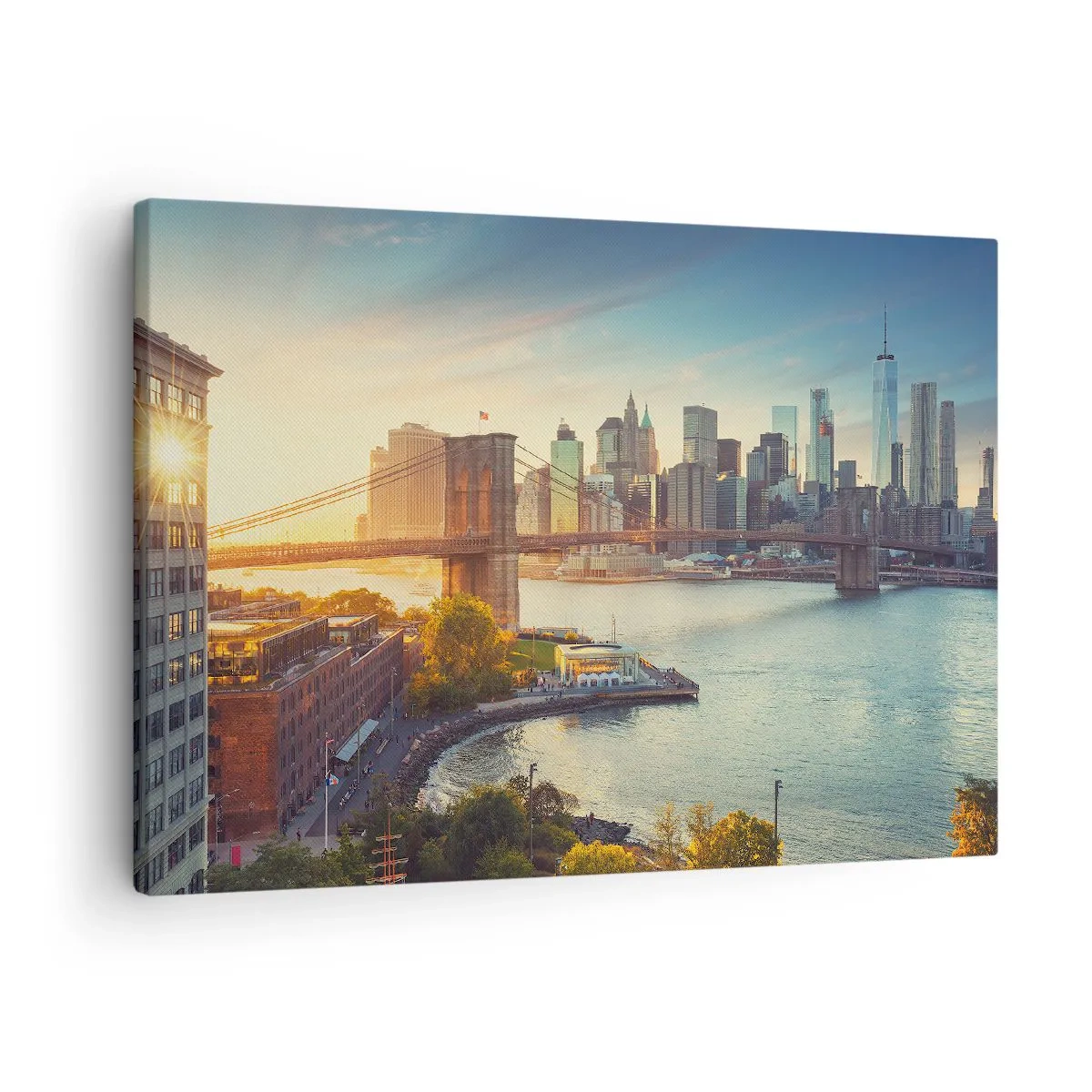 Lærredstryk - Billede på lærred - Panorama over byen med broen ved solnedgang - 70x50cm - Den store bys daggry - Moderne vægdekoration til stue og soveværelse ARTTOR