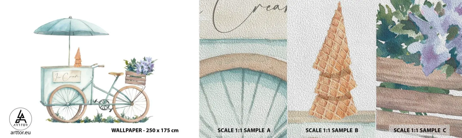 Prøve Fototapet Premium Sand - Sødt minde om sommeren - Pastel, Is, Cykel - 100x30 cm