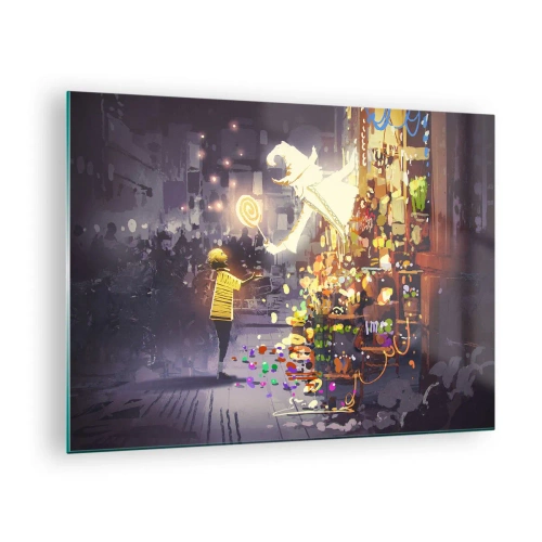 Billede på glas - Et barn i en lys T-shirt ved en lys stand fuld af farverige slik - 70x50cm - Hekseri eksisterer - Moderne vægdekoration til stue og soveværelse ARTTOR