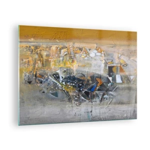 Billede på glas - Kunstnerisk abstraktion i guld, sølv og grå - 70x50cm - Alt vil falde på plads - Moderne vægdekoration til stue og soveværelse ARTTOR