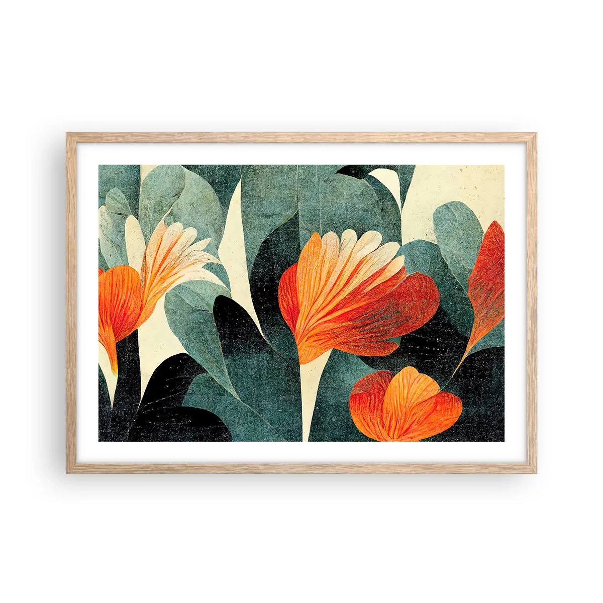 Plakat i ramme af lyst egetræ - Varmen fra troperne og køligheden fra det grønne - 70x50 cm