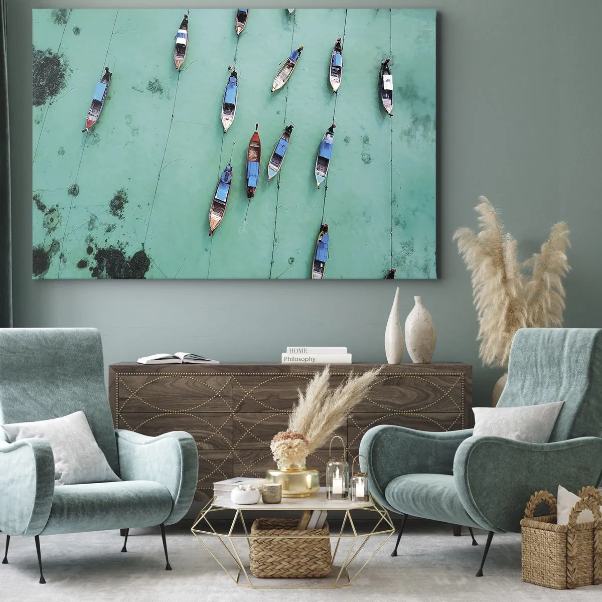 Lærredstryk - Billede på lærred - Fugleperspektiv på både på turkisblåt vand - 70x50cm - I glædelig forventning - Moderne vægdekoration til stue og soveværelse ARTTOR