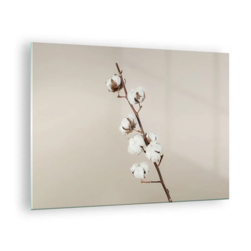 Billede på glas - En kvist bomuld på en lys, minimalistisk baggrund - 70x50cm - Ved kilden til blødhed - Moderne vægdekoration til stue og soveværelse ARTTOR