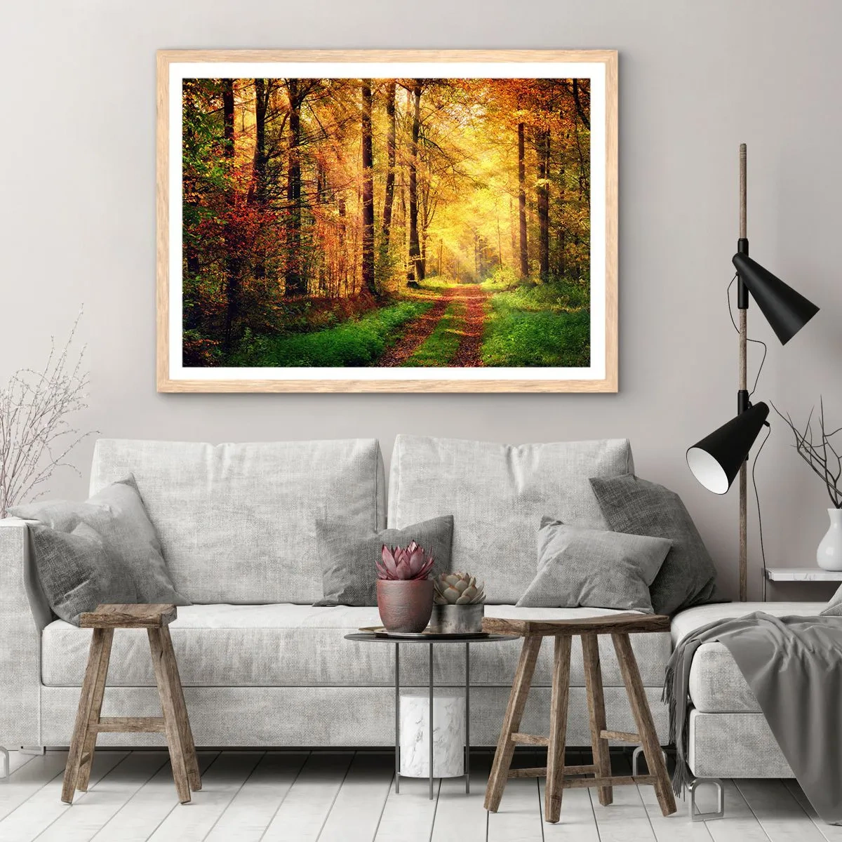 Plakat i ramme af lyst egetræ - Skovgylden stilhed - 50x40 cm