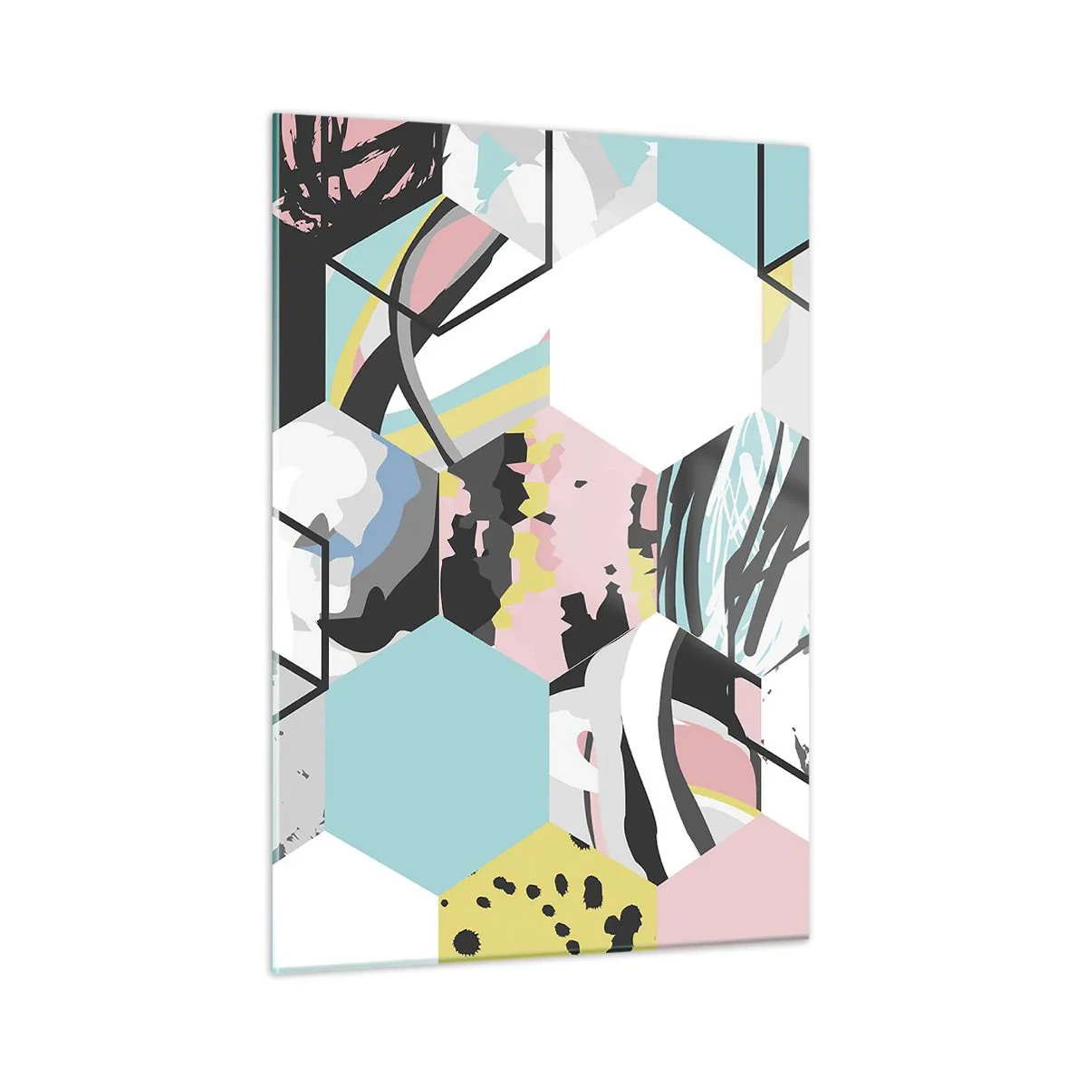 Billede på glas - Sekskanter og terninger i seks farver - 50x70 cm