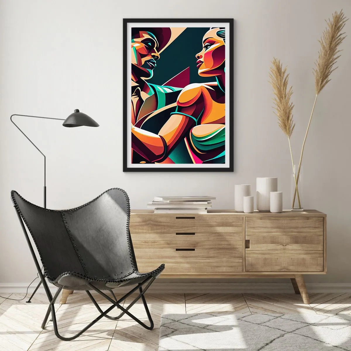Plakat i sort ramme - Farverig illustration af et par, der danser tango i pop art-stil - 50x70cm - I hjertets rytme - Moderne vægdekoration til stue og soveværelse ARTTOR