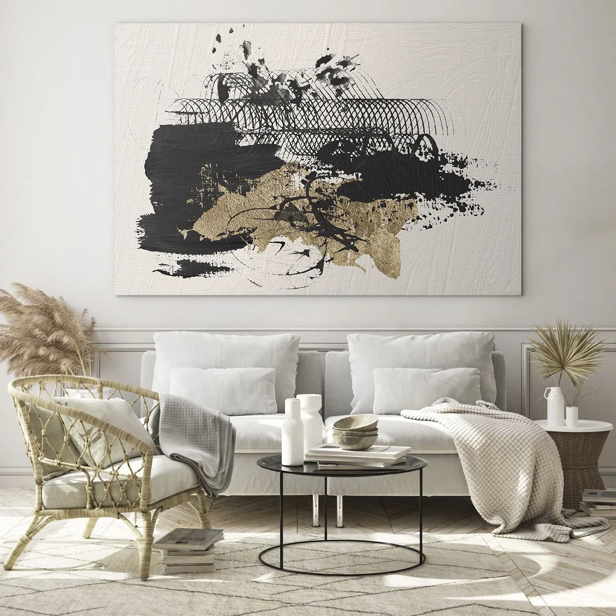 Billede på glas - Abstrakt komposition i sort og guld på en lys baggrund - 70x50cm - Komposition med lidenskab - Moderne vægdekoration til stue og soveværelse ARTTOR