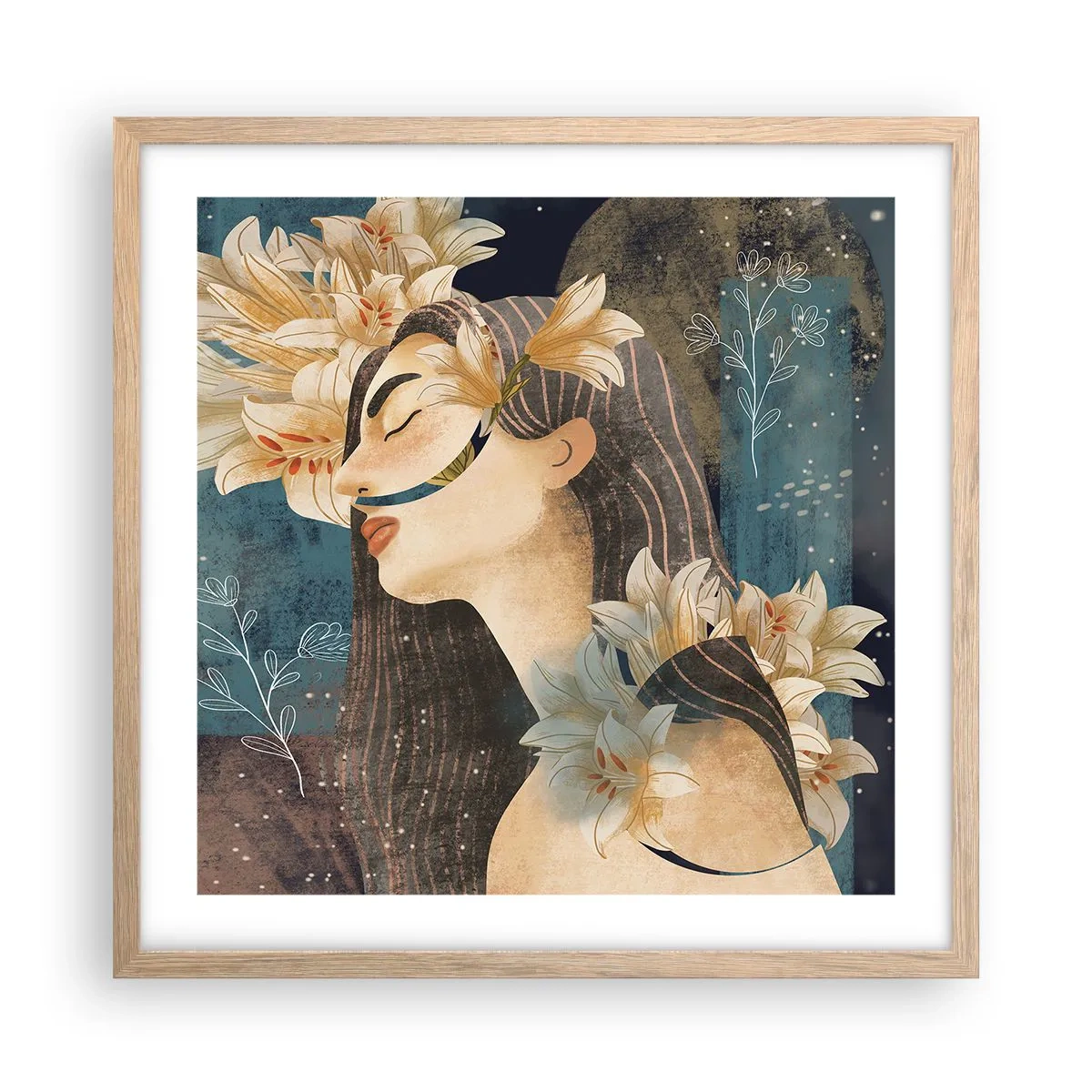 Plakat i ramme af lyst egetræ - Eventyret om prinsessen med liljerne - 50x50 cm