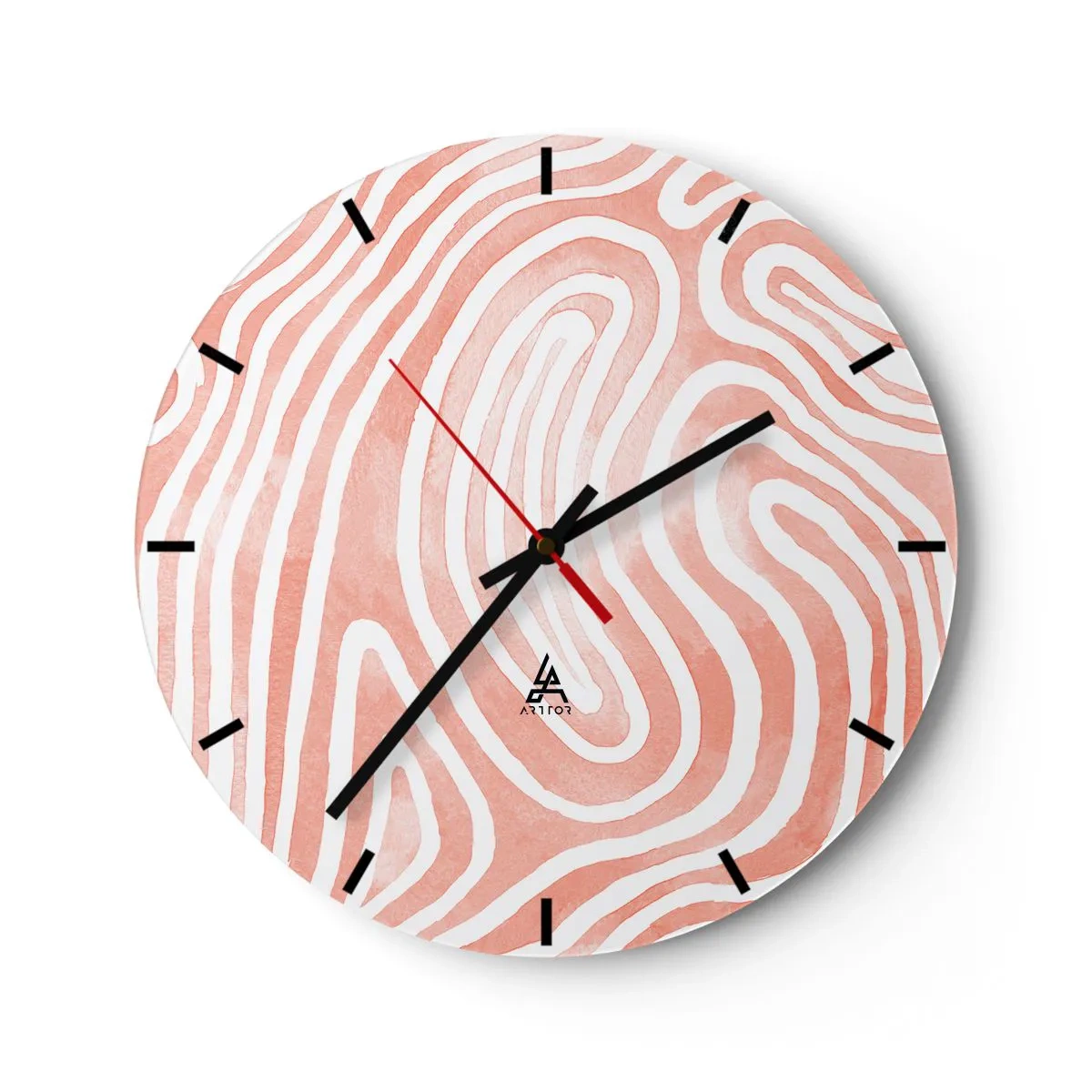 Vægur, Uret - Abstrakt mønster der ligner fingeraftryk i pink - 30x30cm - I en labyrint af koraller - Moderne vægdekoration til stue, køkken og soveværelse ARTTOR