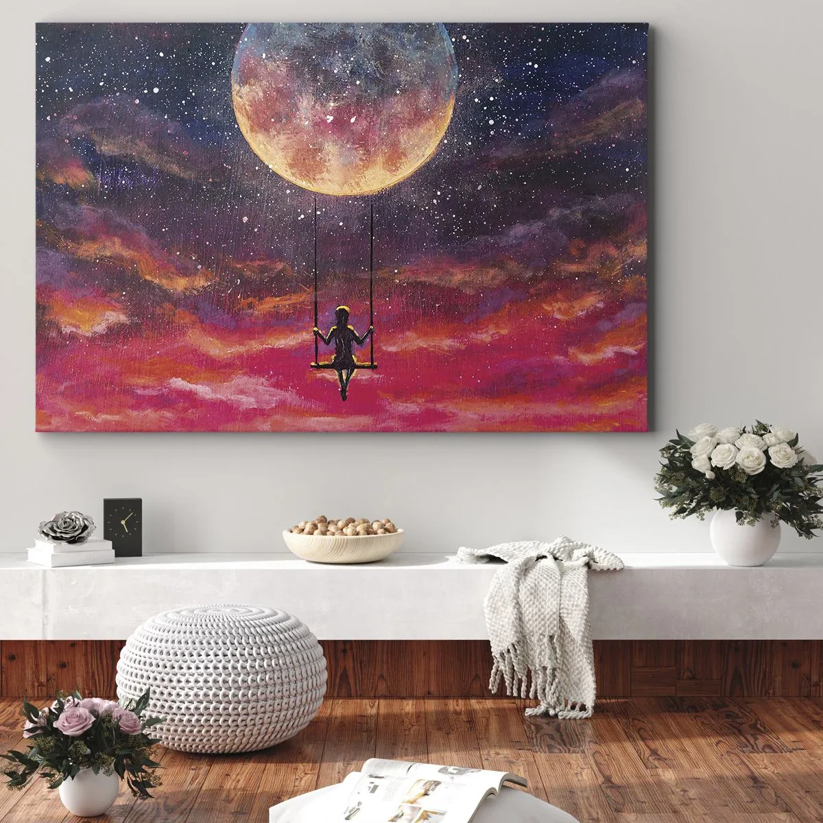 Lærredstryk - Billede på lærred - En figur på en gynge hængende op ad månen - 70x50cm - Glæd dig i skyerne - Moderne vægdekoration til stue og soveværelse ARTTOR
