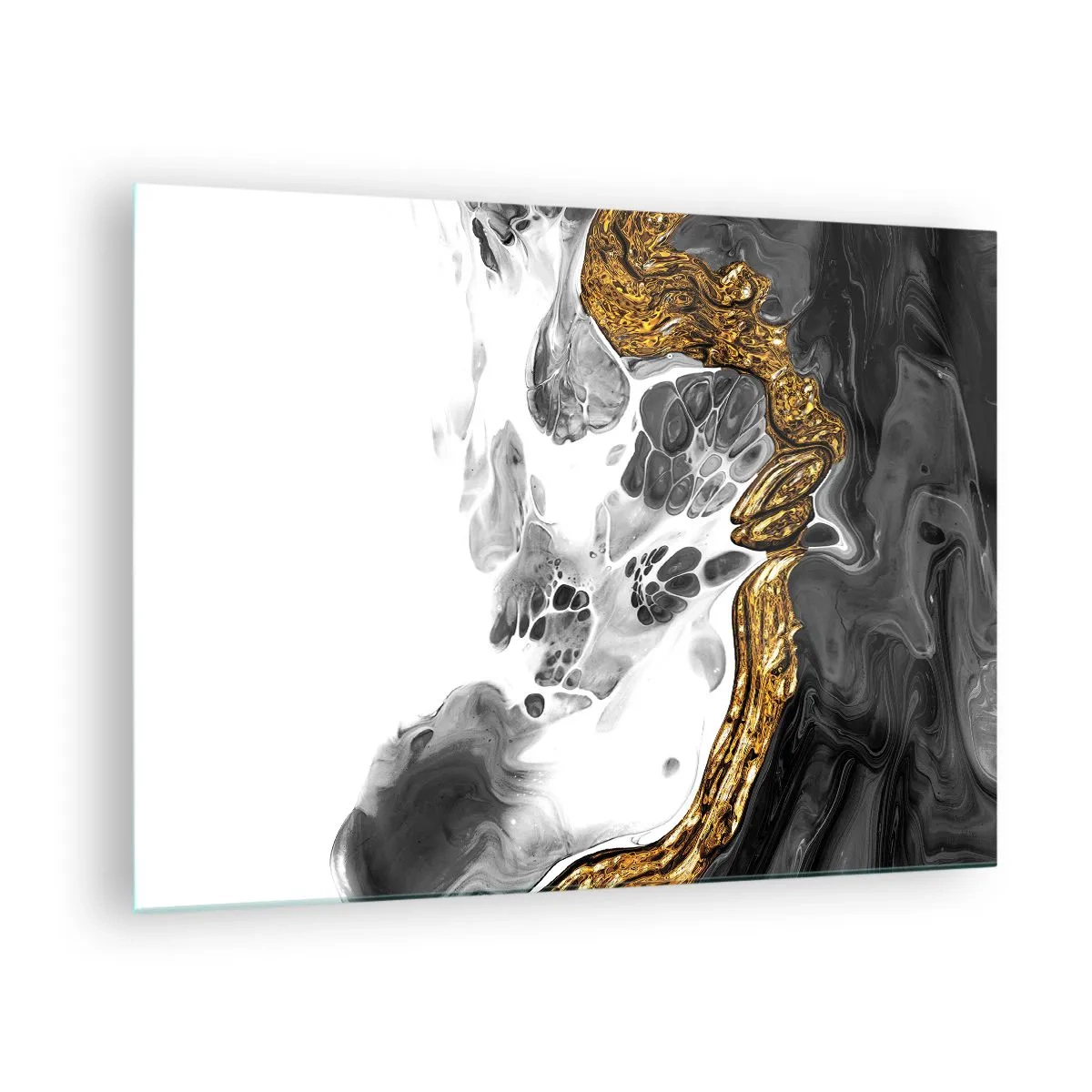 Billede på glas - Abstrakt komposition af sort, hvid og guld - 70x50cm - Organisk sammensætning - Moderne vægdekoration til stue og soveværelse ARTTOR