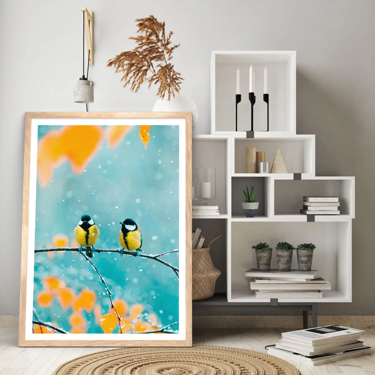 Plakat i ramme af lyst egetræ - Sladder om fugle - 40x50 cm