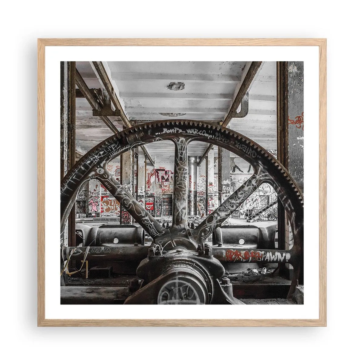 Plakat i ramme af lyst egetræ - Fabrikkens hemmelige liv - 60x60 cm