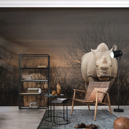 Fototapet Premium Sand - Hvidt mod naturen - Næsehorn, Dyr, Afrika - 500x350 cm