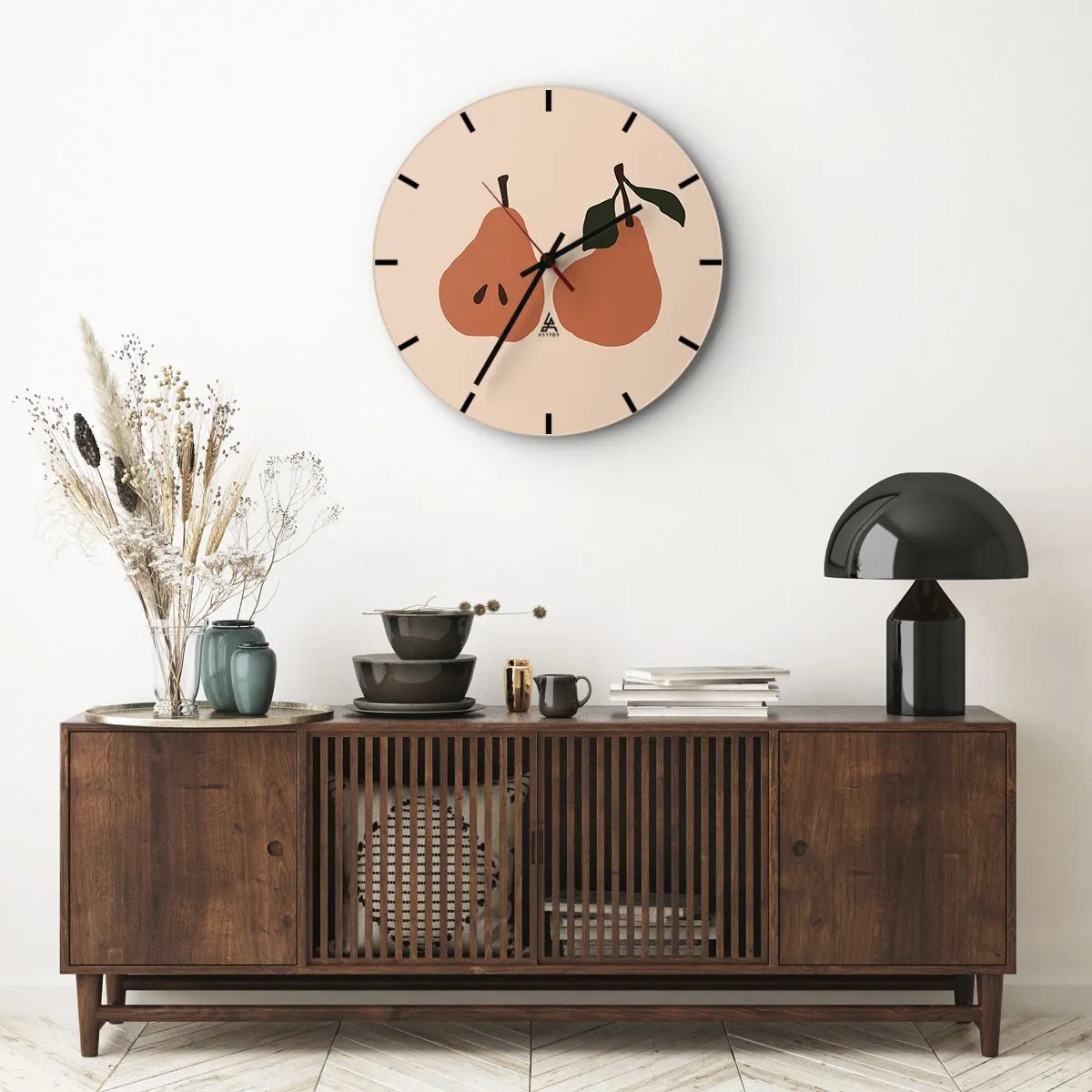 Vægur, Uret - To pærer i varme farver på en beige baggrund - 30x30cm - Sødmen selv - Moderne vægdekoration til stue, køkken og soveværelse ARTTOR
