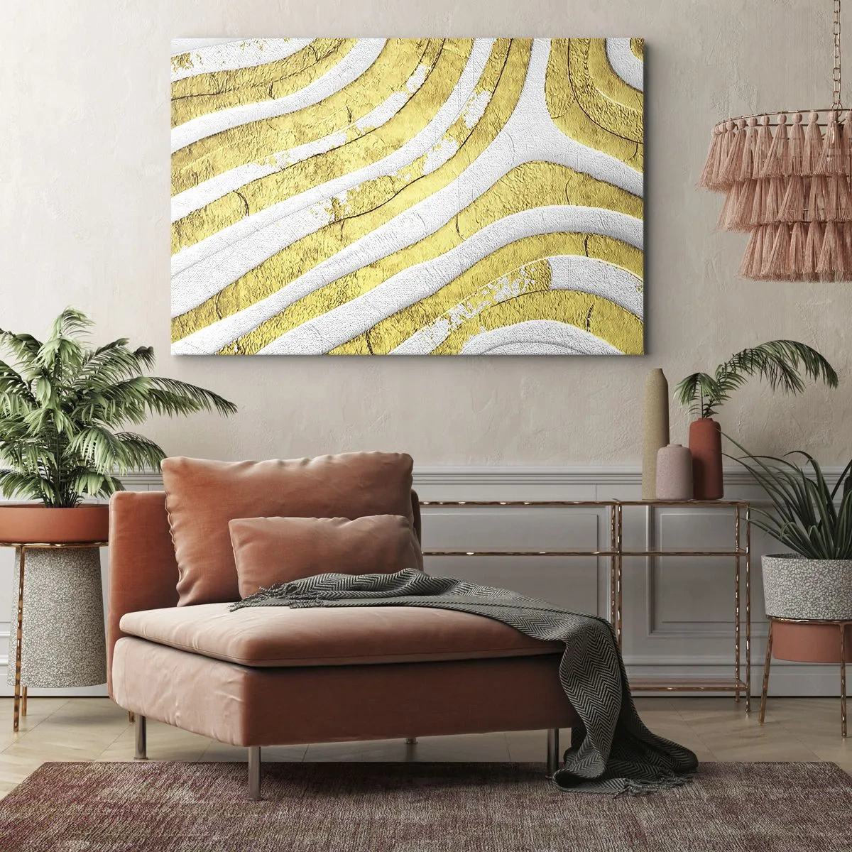 Lærredstryk - Billede på lærred - Sammensætning i hvidt og guld - 120x80 cm