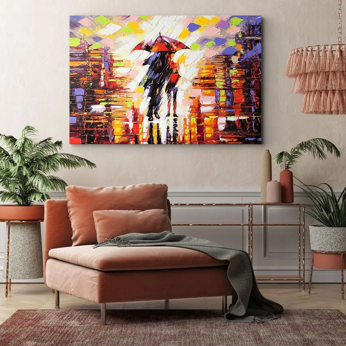 Lærredstryk - Billede på lærred - En abstrakt scene af en gåtur under en paraply på en regnfuld aften. - 70x50cm - Sammen gennem natten og regnen - Moderne vægdekoration til stue og soveværelse ARTTOR
