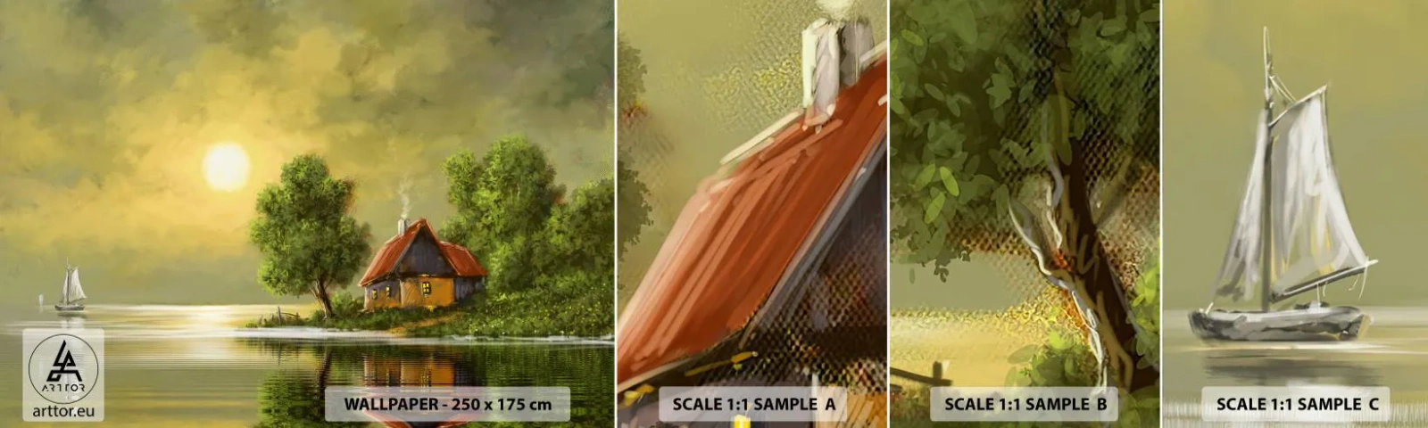 Prøve Fototapet Selvklæbende Deluxe Sticker - Smukt, som fra et billede - Landskab, Landehus, Sejlbåd - 100x30 cm