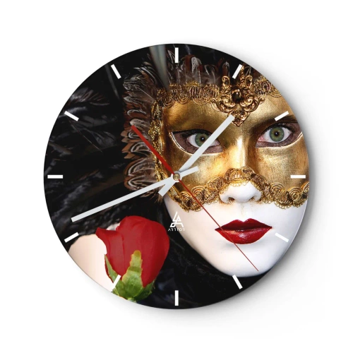 Vægur, Uret - Guld venetiansk maske med en rød rose - 30x30cm - Fordi livet er et stort bal - Moderne vægdekoration til stue, køkken og soveværelse ARTTOR