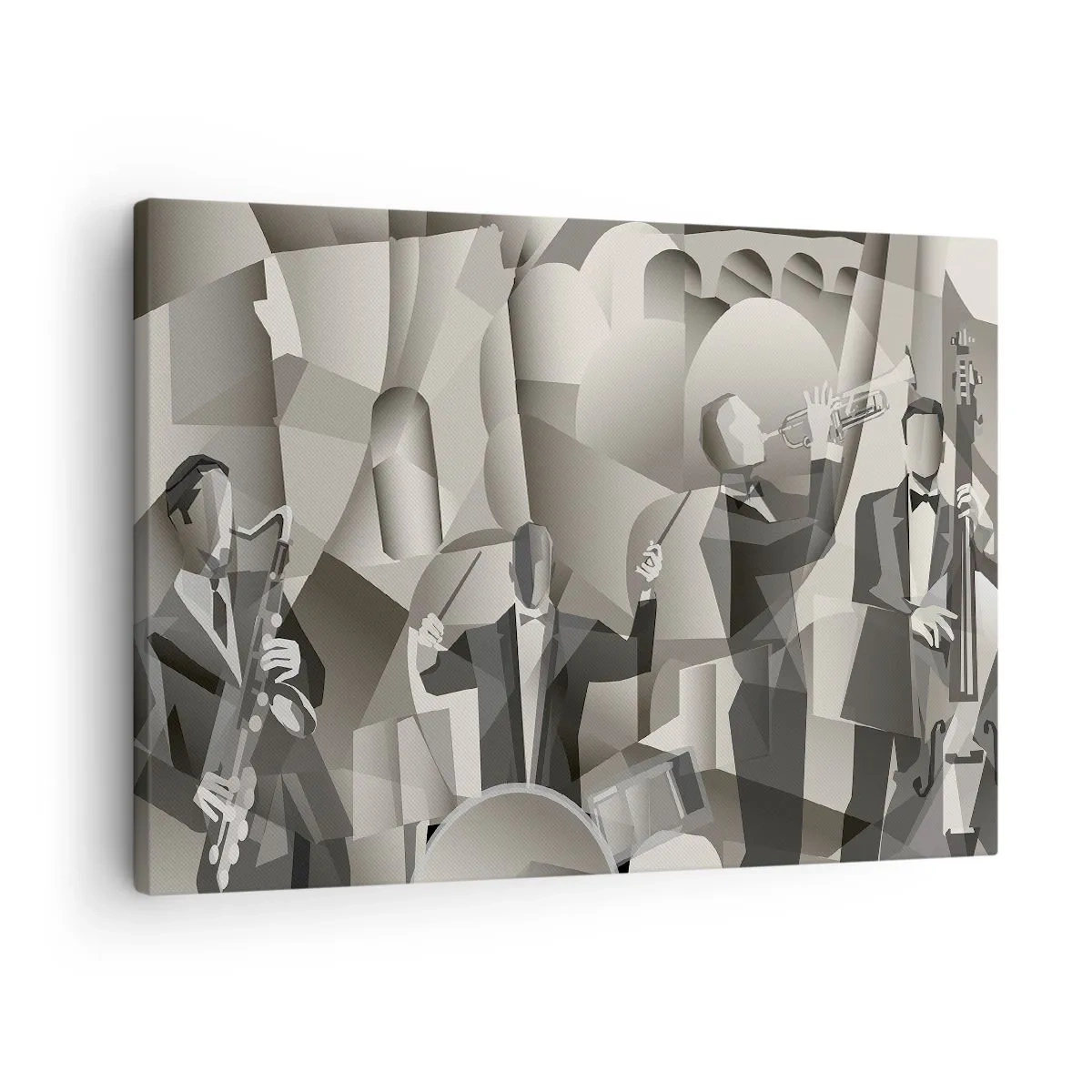Lærredstryk - Billede på lærred - Abstrakt scene med jazzmusikere i grå nuancer. - 70x50cm - I lydenes rum - Moderne vægdekoration til stue og soveværelse ARTTOR
