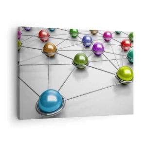 Lærredstryk - Billede på lærred - Farverige kugler forbundet med tynde linjer på en hvid baggrund - 70x50cm - Kosmisk net - Moderne vægdekoration til stue og soveværelse ARTTOR