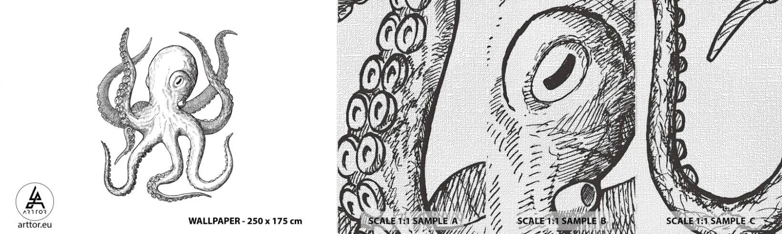 Prøve Fototapet Premium Canvas - Dans med bølger - Blæksprutte, Tegning, Ved havet - 100x30 cm