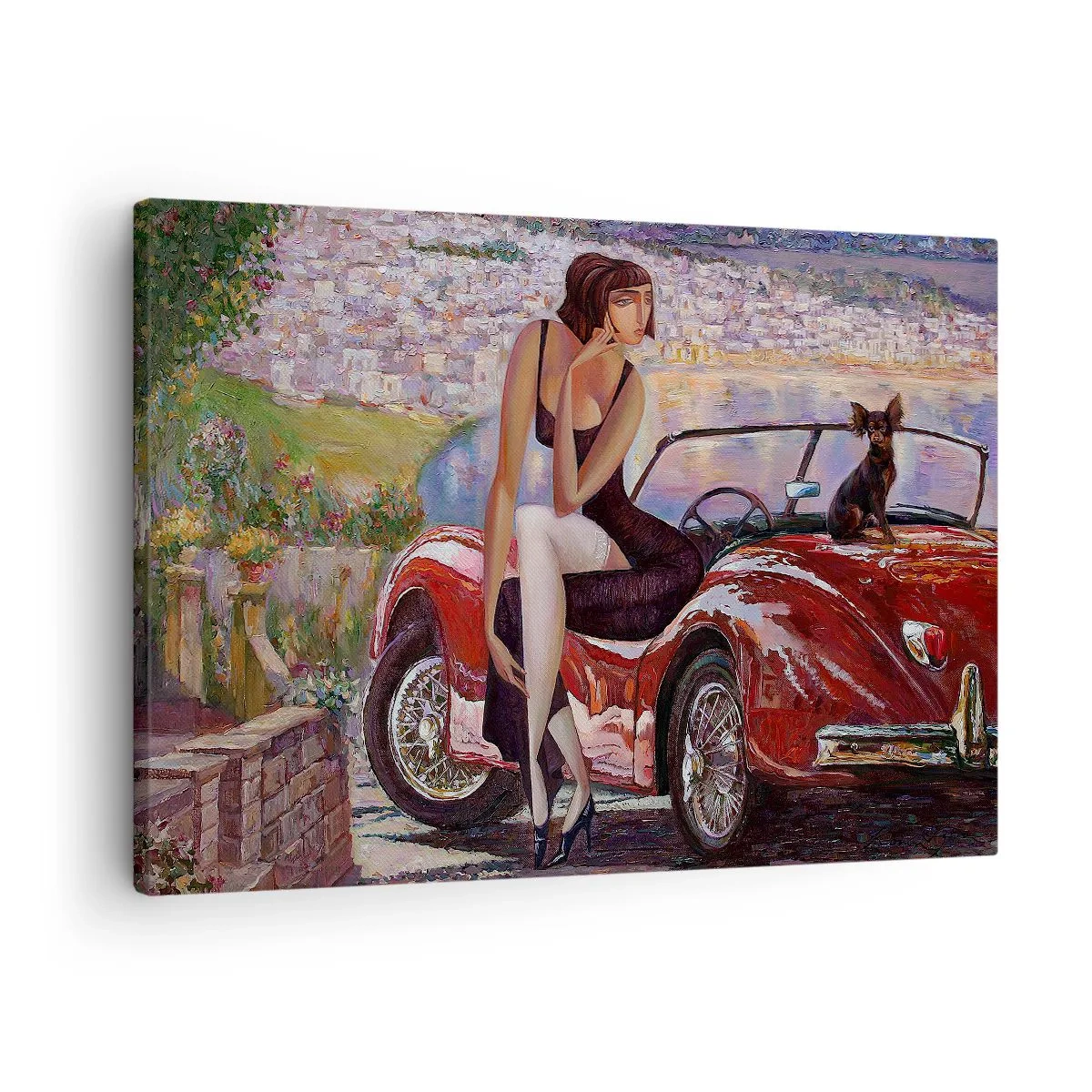 Lærredstryk - Billede på lærred - En kvinde ved en rød bil med en by i baggrunden - 70x50cm - Sommer? Kun på Riviera - Moderne vægdekoration til stue og soveværelse ARTTOR