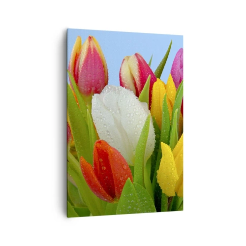 Lærredstryk - Billede på lærred - En blomstret regnbue i dugdråber - 70x100 cm