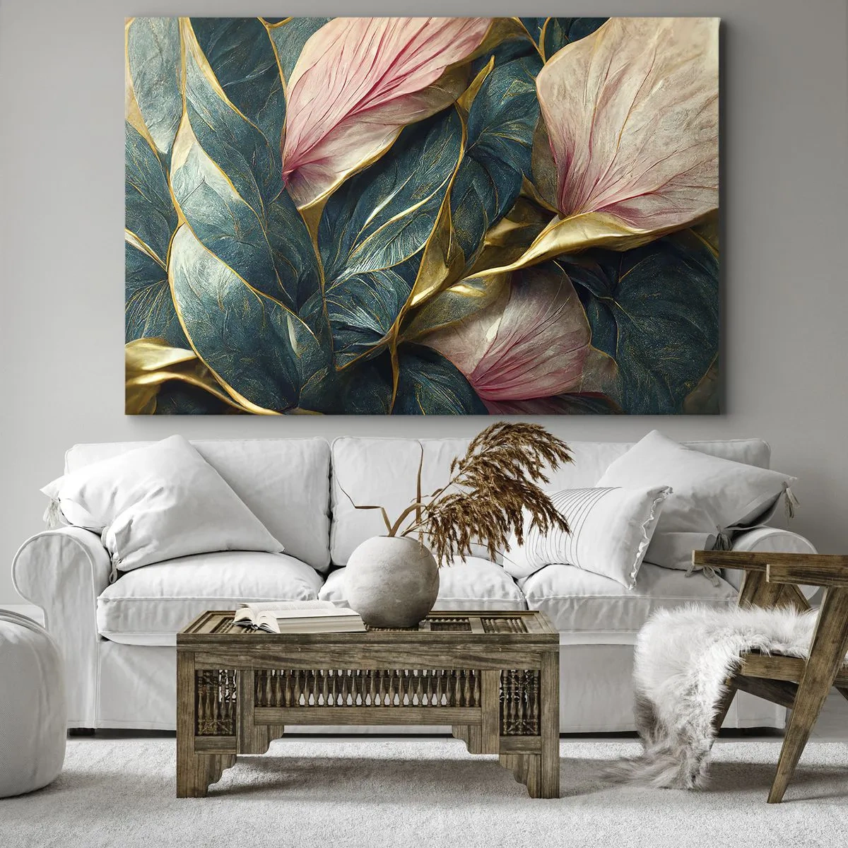 Lærredstryk - Billede på lærred - Elegante blade i grønt, guld og pink - 70x50cm - Naturlig elegance og stil - Moderne vægdekoration til stue og soveværelse ARTTOR