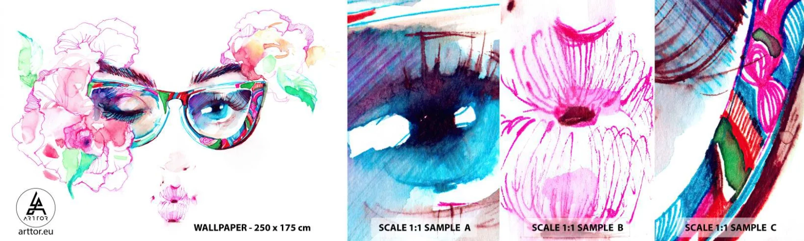 Prøve Fototapet Selvklæbende Deluxe Sticker - Et fristende løfte - Abstraktion, Kvindens øjne, Briller - 100x30 cm